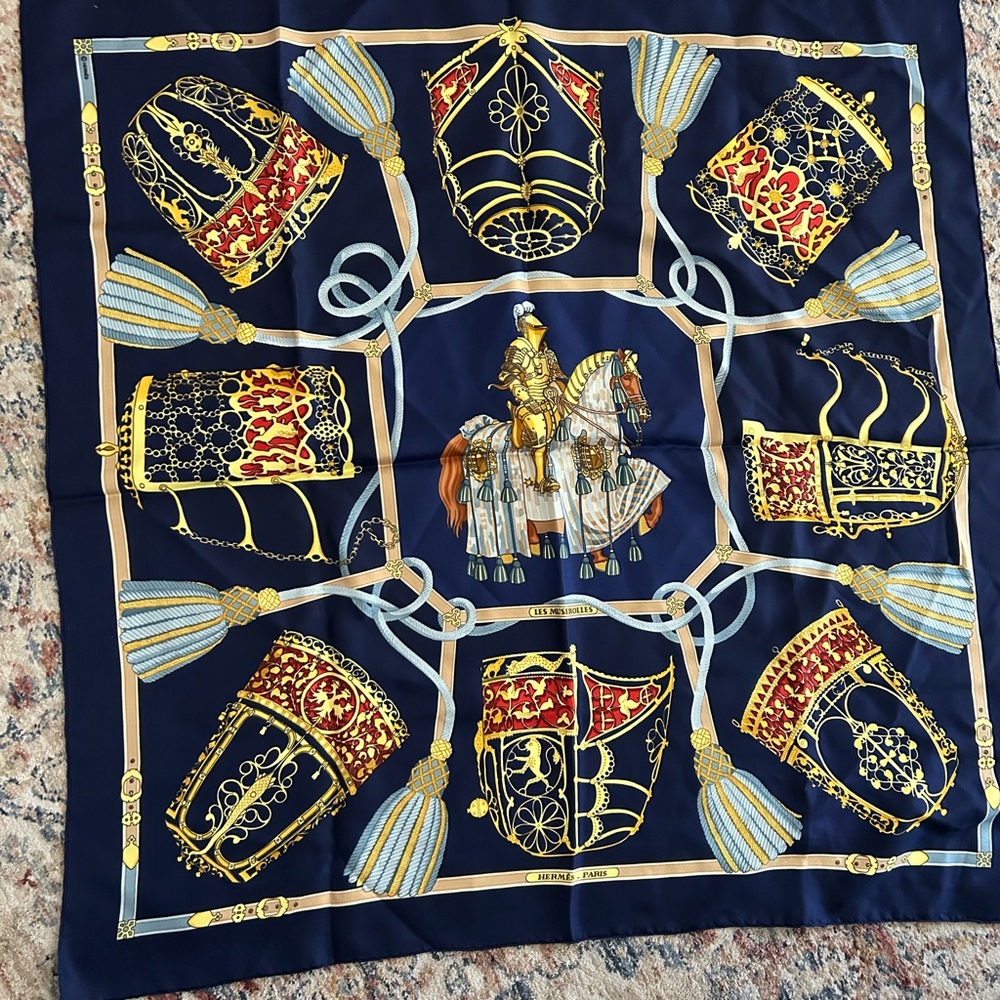 Hermes “Les Muserolles” silk scarf designed by Christian Vauzelles in 1986